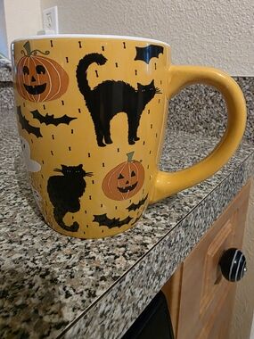 Marshall Yellow Ceramic Halloween Mug with Black Cats and Pumpkins